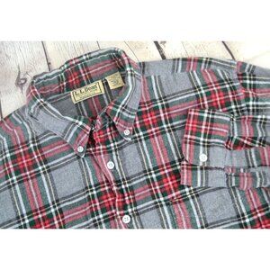 Vintage L.L. BEAN Men's Long Sleeve Button Front Flannel Shirt LARGE Gray‎ Plaid